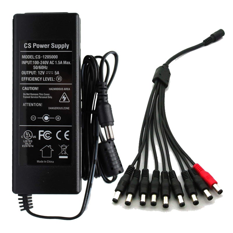 ANVISION AC to DC 12V 5A Power Supply Adapter with 9 Way Splitter Cable, Plug 5.5 x 2.1mm for Led Light Strips, NVR DVR Security Camera, Efficiency Level VI - Image 1